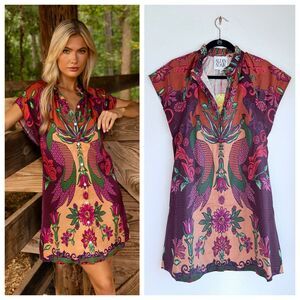 NEW Alden Adair Margot Dress in Peacock Bloom Fuschia, Green, Pink & Tan Size S